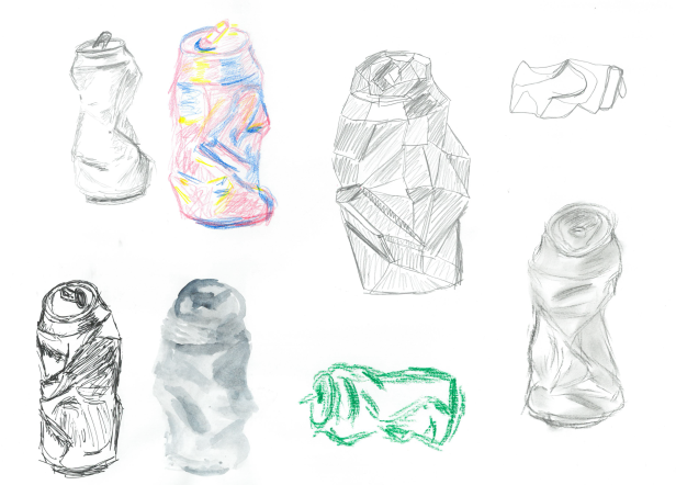 Eight drawings of a crashed can
